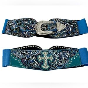 Montana West Western Rhinestone Cinch Belt Turquoise Medium 28-30 Stretch Medium